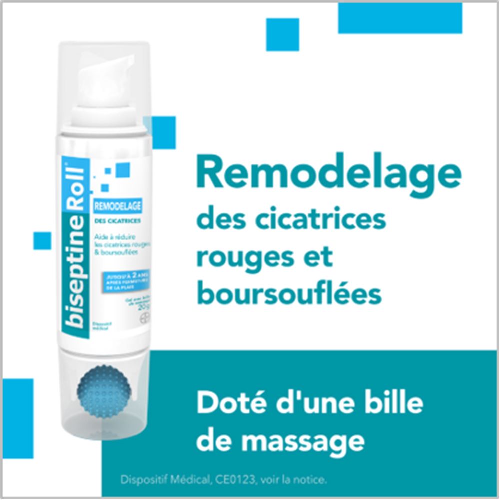 BiseptineRoll fles met blauwe rolkop. Blauwe verpakking met productinformatie. Tekst: Doté d'une bille de massage.