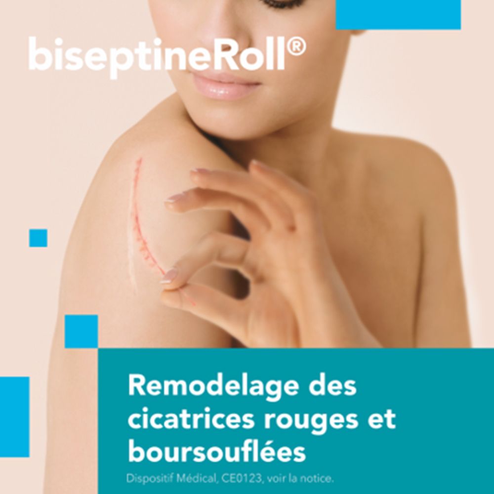 BiseptineRoll product op de huid. Rode streep op de huid. Tekst: Remodelage des cicatrices rouges et boursouflées.