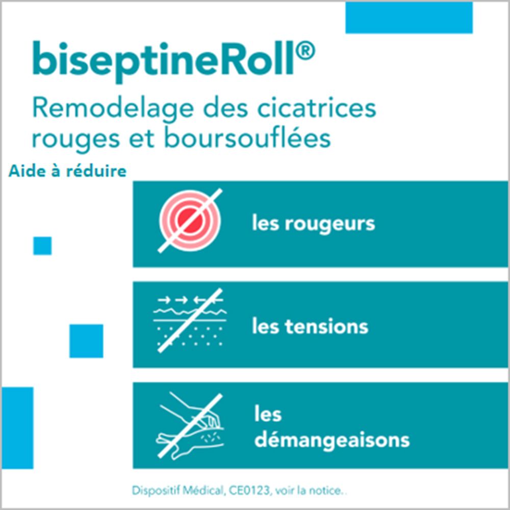 BiseptineRoll product. Tekst: les rougeurs, les tensions, les démangeaisons. Rode, gestreepte, krassymbolen doorgestreept.