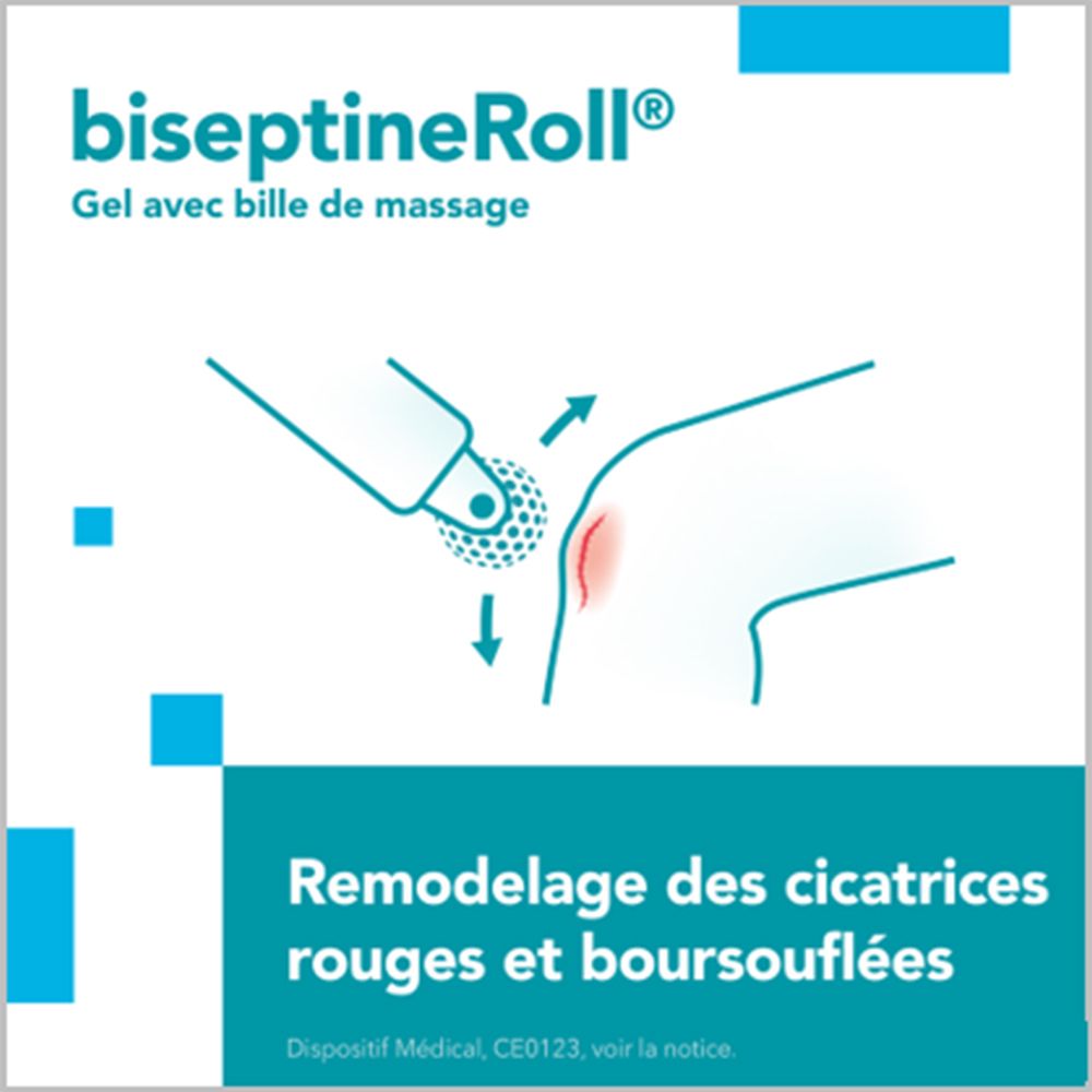 BiseptineRoll product. Illustratie van een kniebehandeling met rolkop. Tekst: Remodelage des cicatrices rouges et boursouflées.