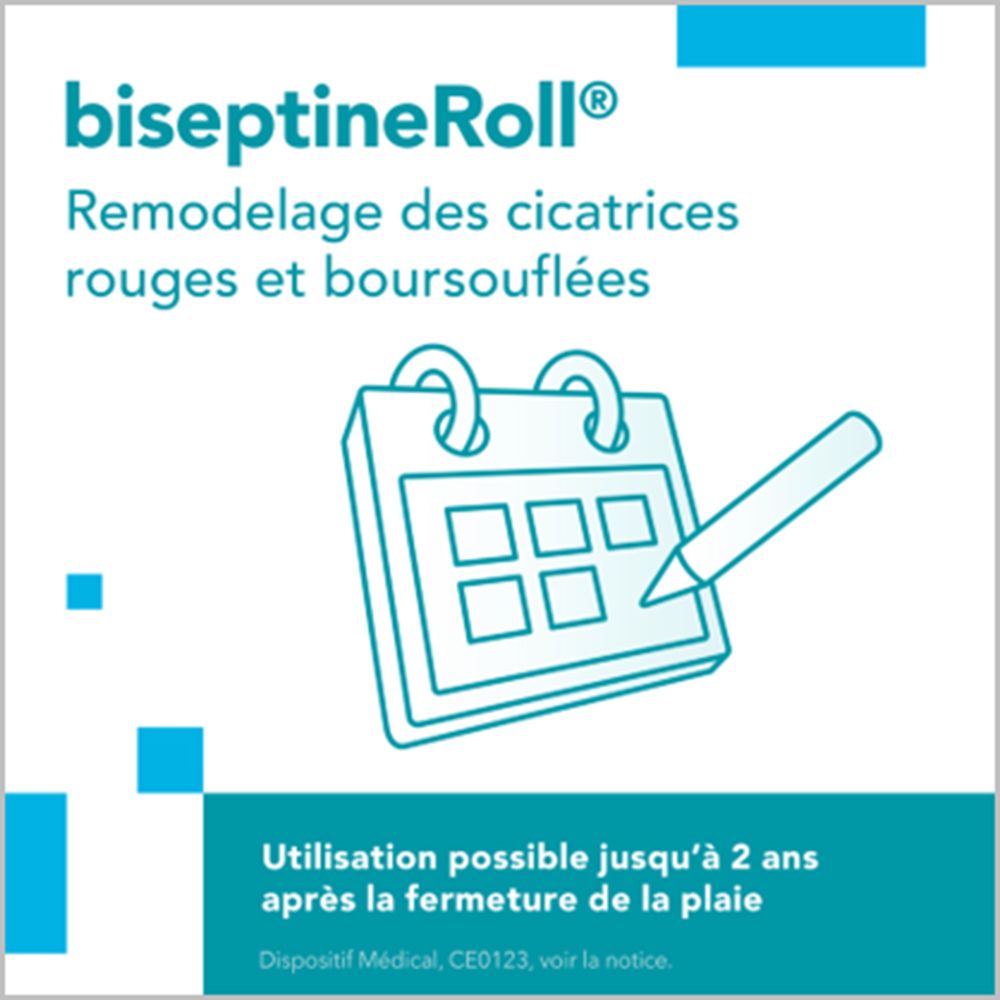 BiseptineRoll product. Illustratie van een kalender en pen. Tekst: Utilisation possible jusqu'à 2 ans après la fermeture de la plaie.