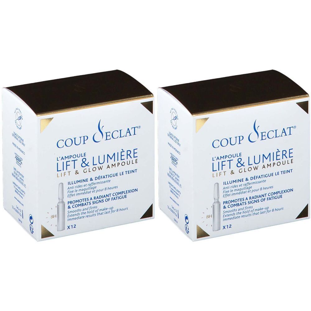 Deux boîtes blanches Coup d'éclat® Ampoule Lift & Lumière. Inscription : L'Ampoule Lift & Lumière, X12. Illumine et défatigue le teint.