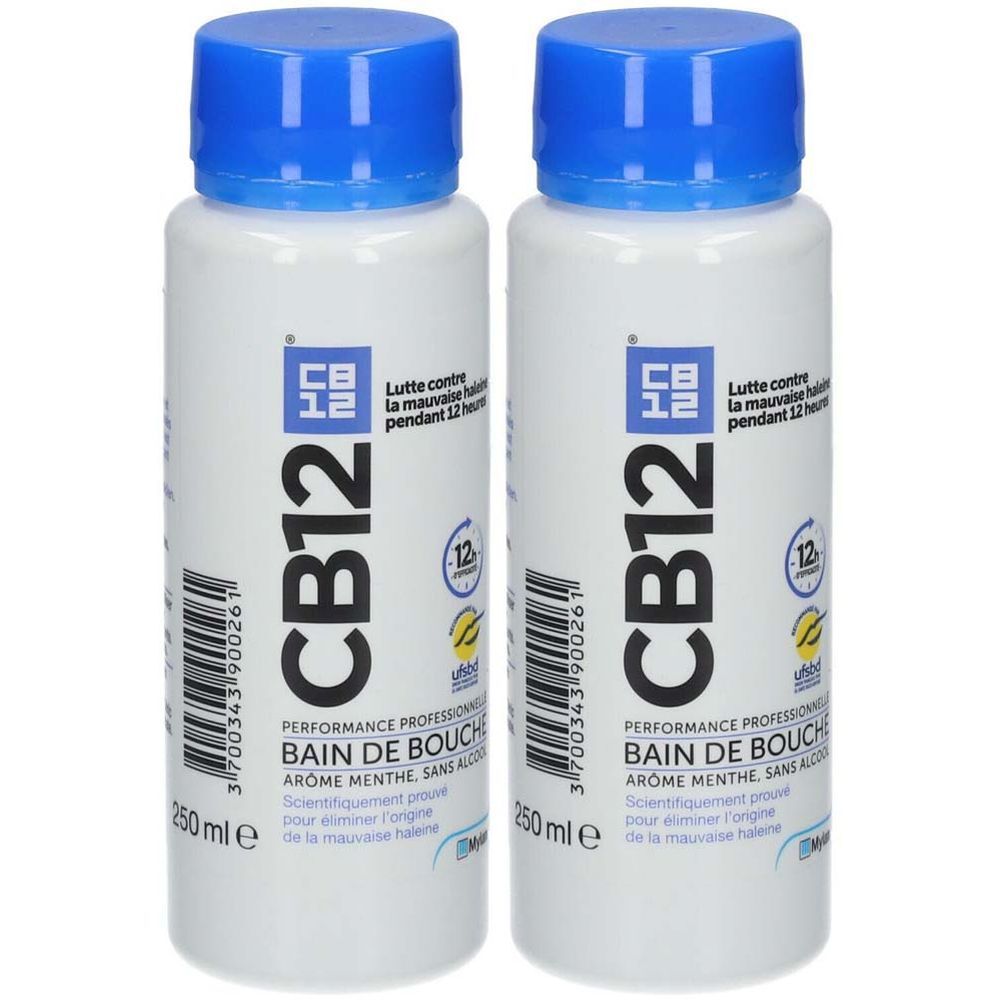 Twee flessen CB12 mondwater met blauwe dop. Opschrift: Bain de bouche, aroma menthe, 12-uurs effect.