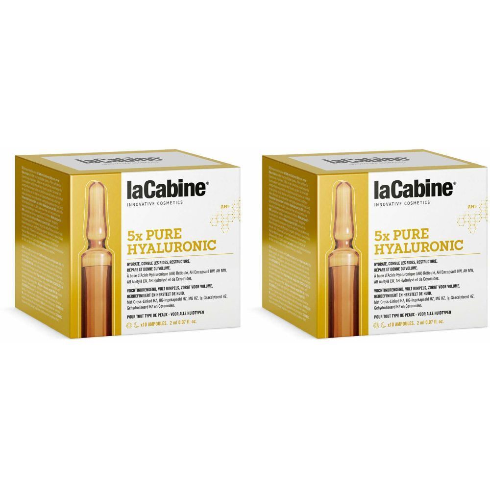Twee dozen LaCabine® 5x Pure Hyaluronic Ampullen. Gouden verpakking met productafbeelding en tekst. Witte letters.