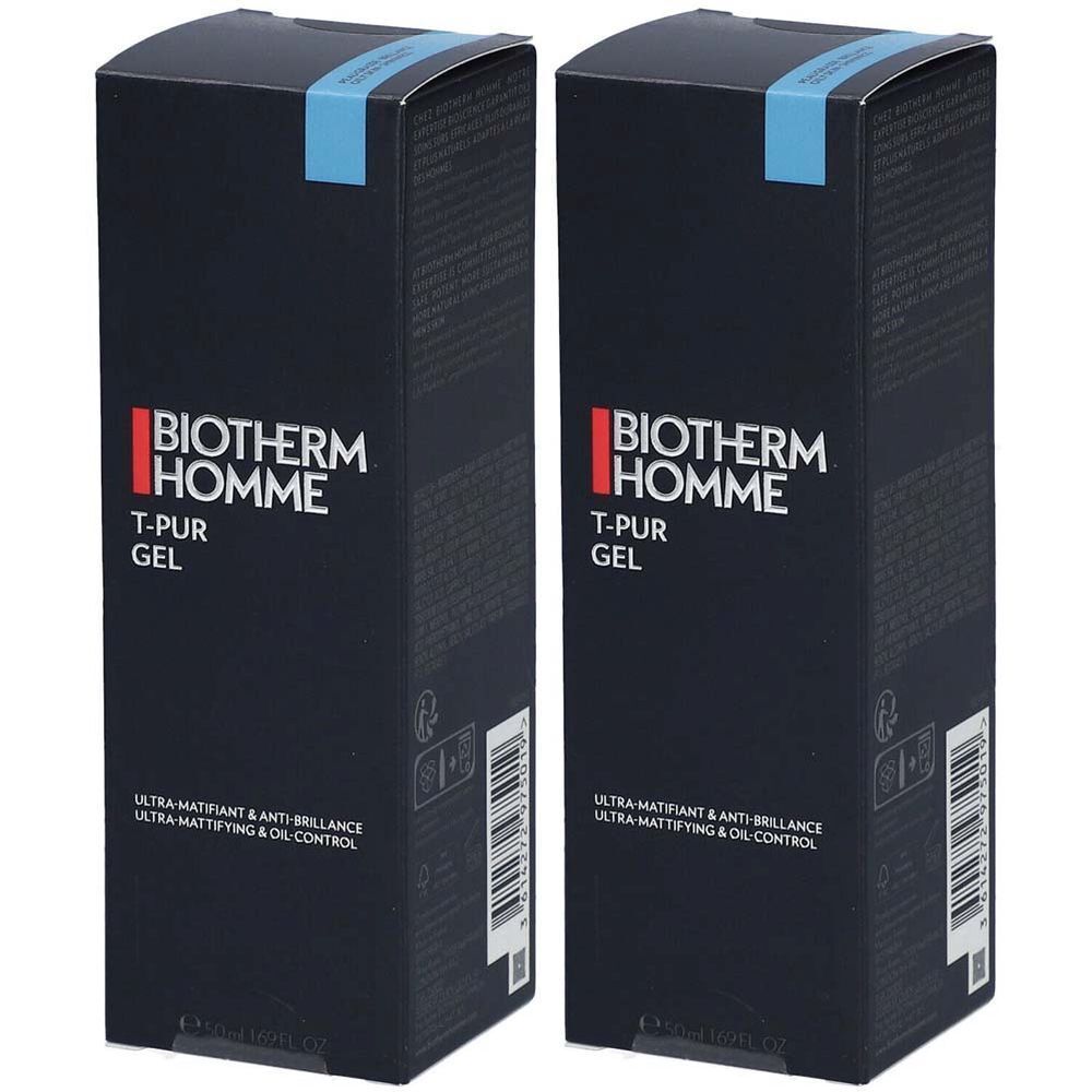 Twee zwarte dozen met de tekst BIOTHERM HOMME T-PUR GEL. Blauwe accenten bovenaan. Tekst: Ultra-Mattifiant & Anti-Brillance.