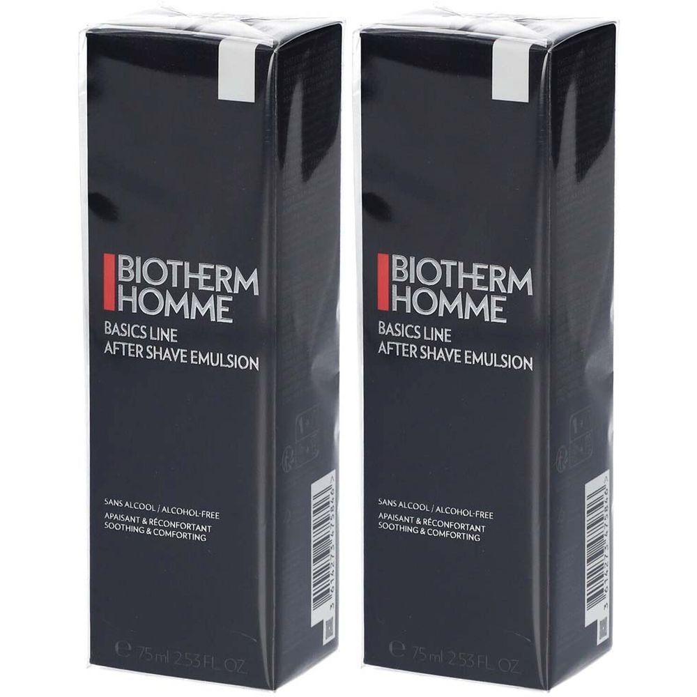 Twee zwarte dozen met BIOTHERM HOMME. Tekst: Basics Line After Shave Emulsion. Zonder alcohol, verzachtend en comfortabel.