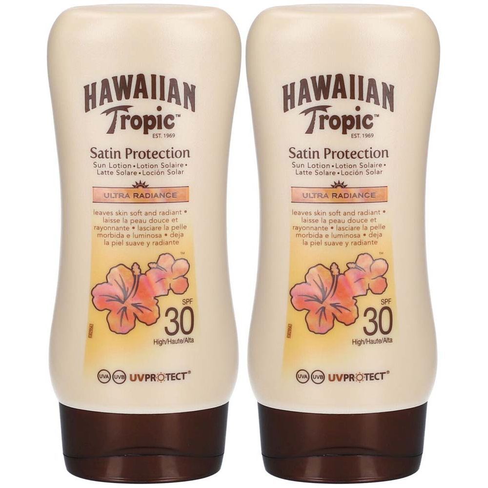 Deux flacons de lotion solaire HAWAIIAN Tropic SPF30. Flacons beiges avec bouchons marron. Texte: Satin Protection, SPF 30, UV Protect.