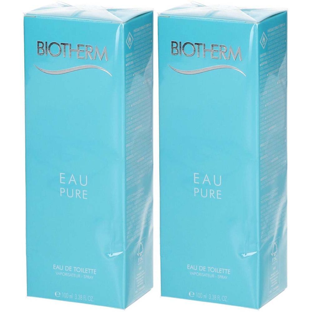 Twee lichtblauwe dozen met de tekst "Biotherm Eau Pure". Verpakking omwikkeld met transparant plastic.