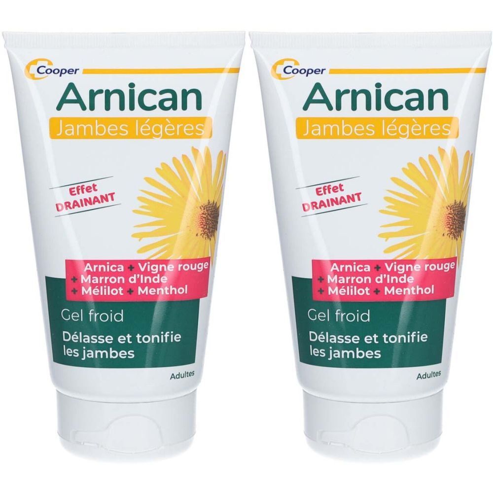 Twee tubes gel. Opschrift: Arnican, Jambes légères, Effet drainant. Ingrediënten: Arnica, Rode wijnstok, Paardenkastanje, Melilot, Menthol. Gel froid.