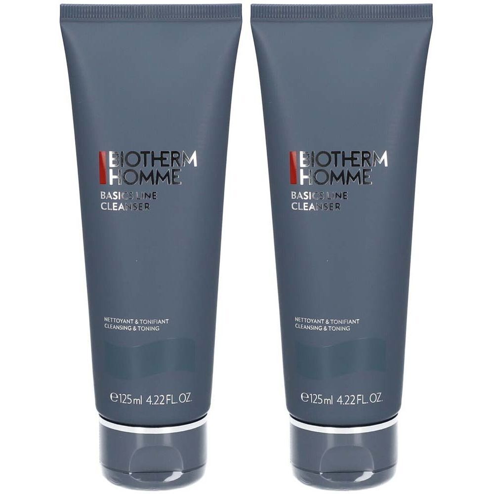 Twee grijze tubes. Op elke tube staat "BIOTHERM HOMME BASIC LINE CLEANSER". Onderaan staat "125ml 4.22 FL OZ".