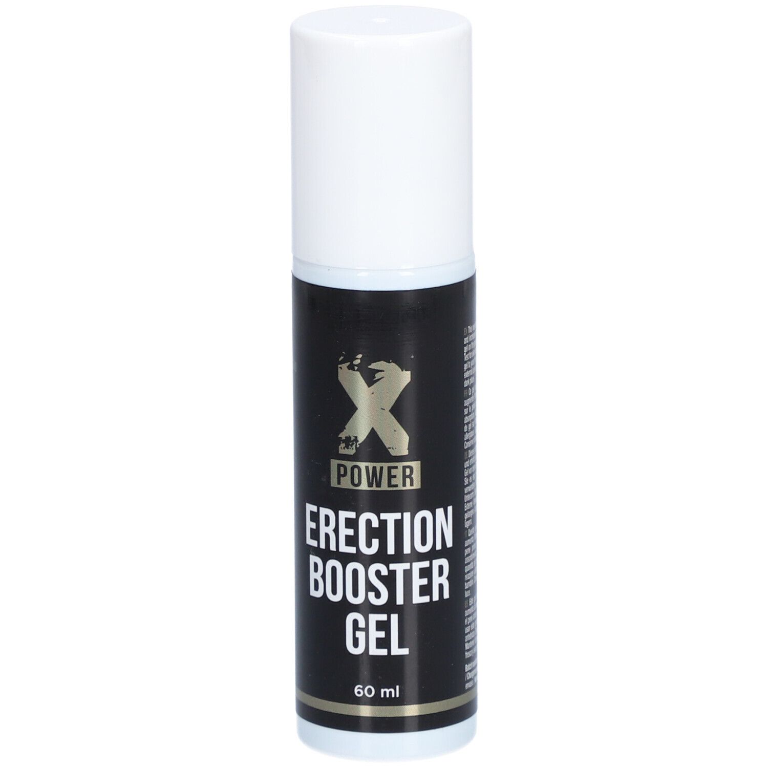 Cilindrische fles, witte dop. Zwart etiket met "XPOWER ERECTION BOOSTER GEL". Onderaan "60 ml".