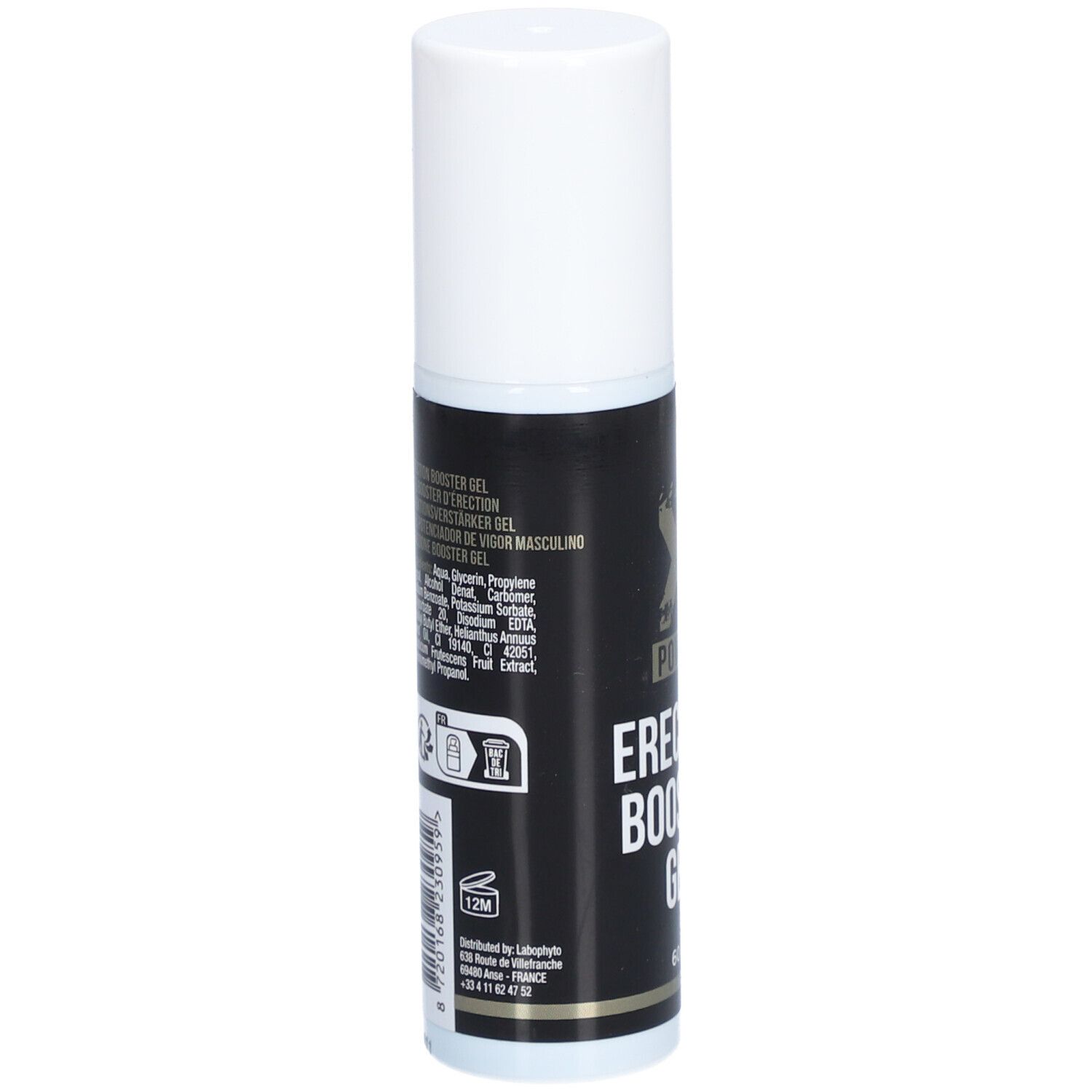 Cilindrische fles, witte dop. Zwart etiket met tekst en ingrediënten. "ERECTION BOOSTER GEL".