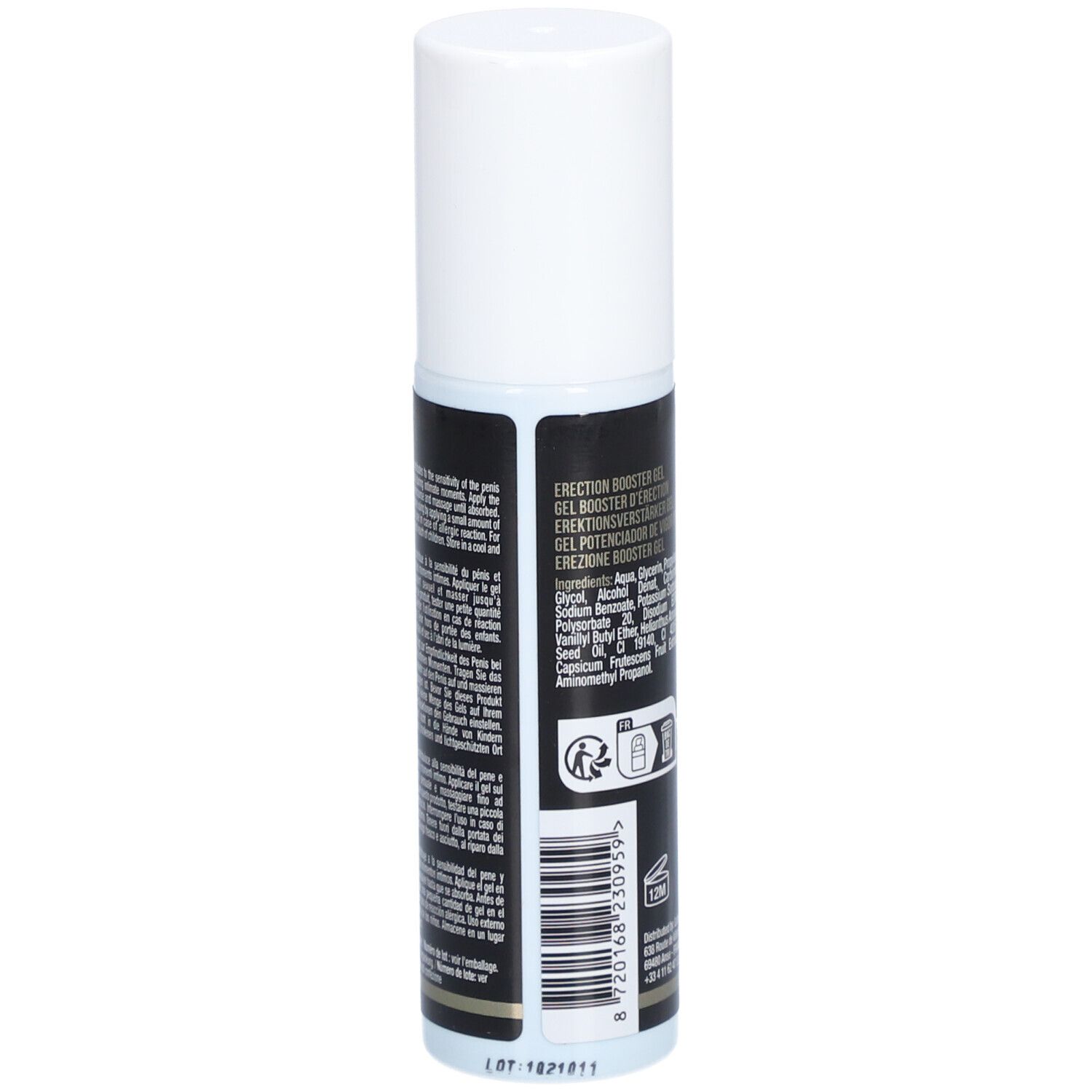 Cilindrische fles, witte dop. Zwart etiket met tekst en barcode. "ERECTION BOOSTER GEL".
