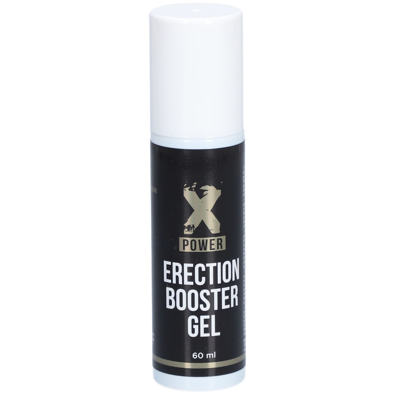 Cilindrische fles, witte dop. Zwart etiket met "XPOWER ERECTION BOOSTER GEL". Onderaan "60 ml".