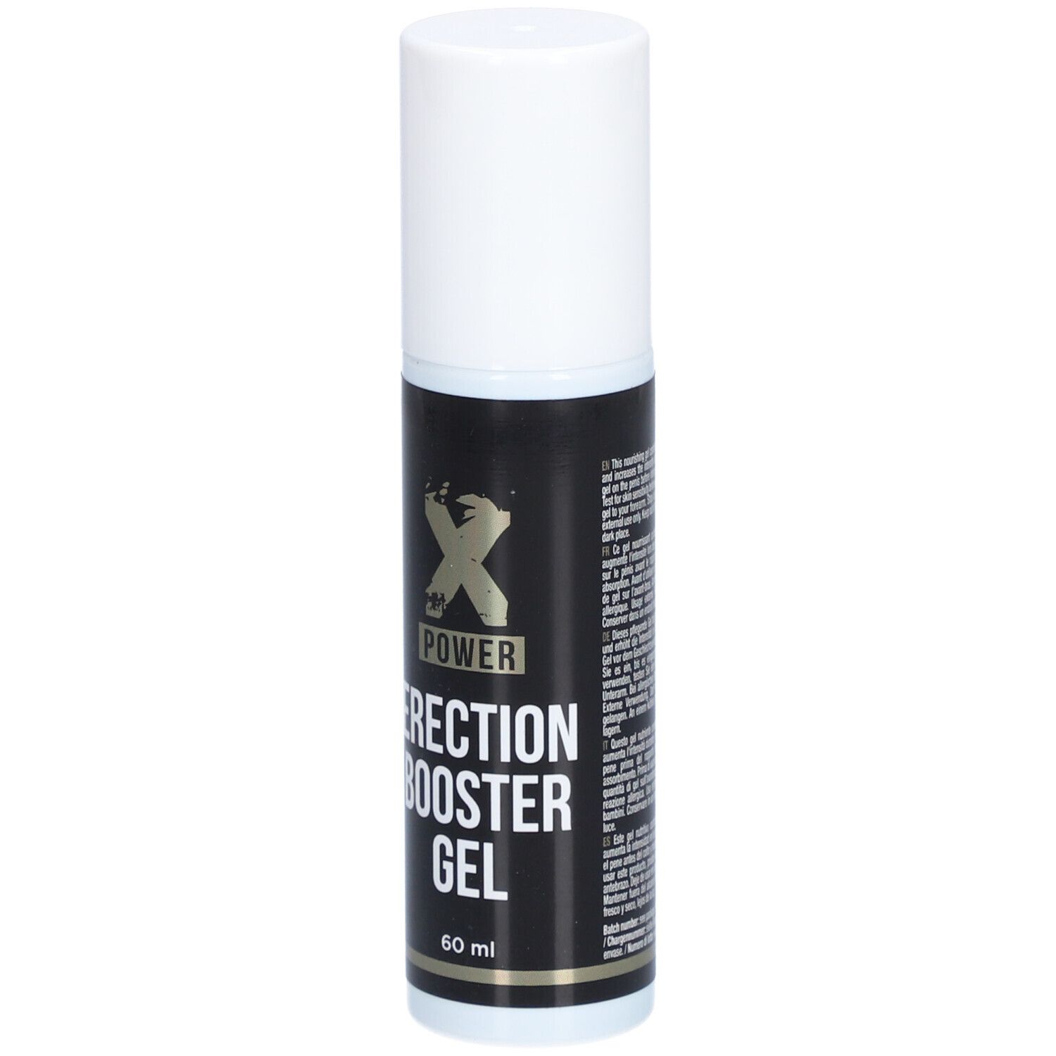 Cilindrische fles, witte dop. Zwart etiket met tekst. "XPOWER ERECTION BOOSTER GEL". Onderaan "60 ml".
