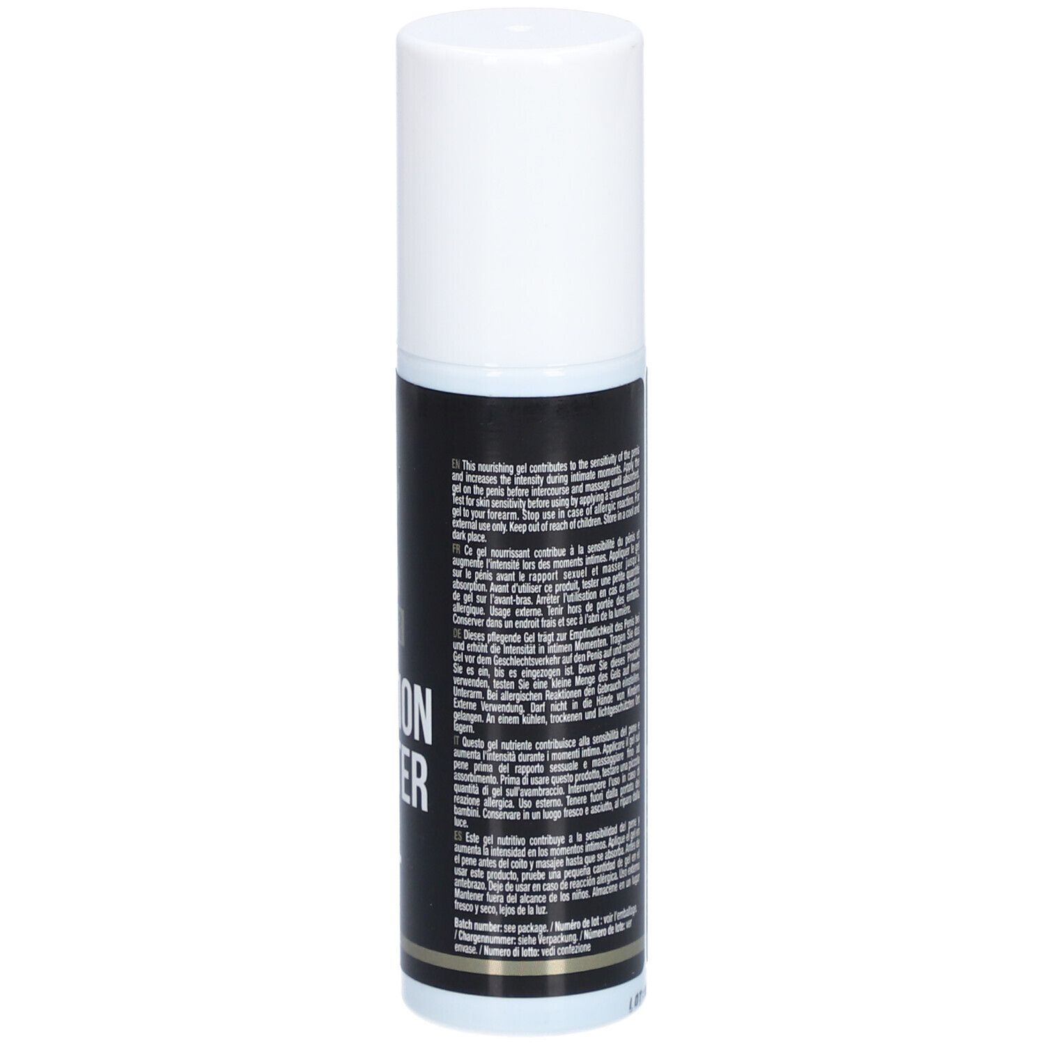 Cilindrische fles, witte dop. Zwart etiket met tekst. "ERECTION BOOSTER GEL".