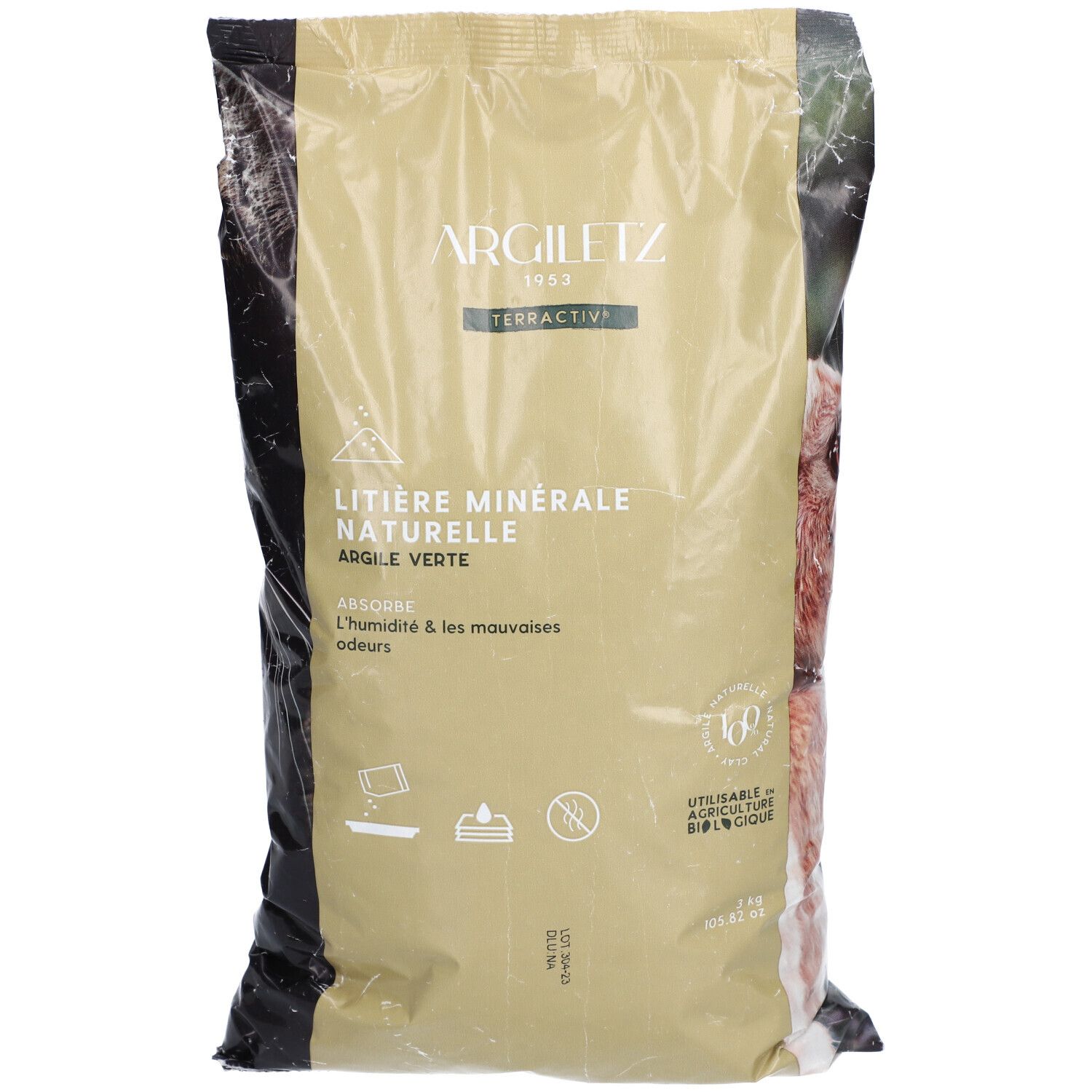Sac de litière minérale naturelle Argiletz à l'argile verte. Emballage beige avec informations produit et logo.
