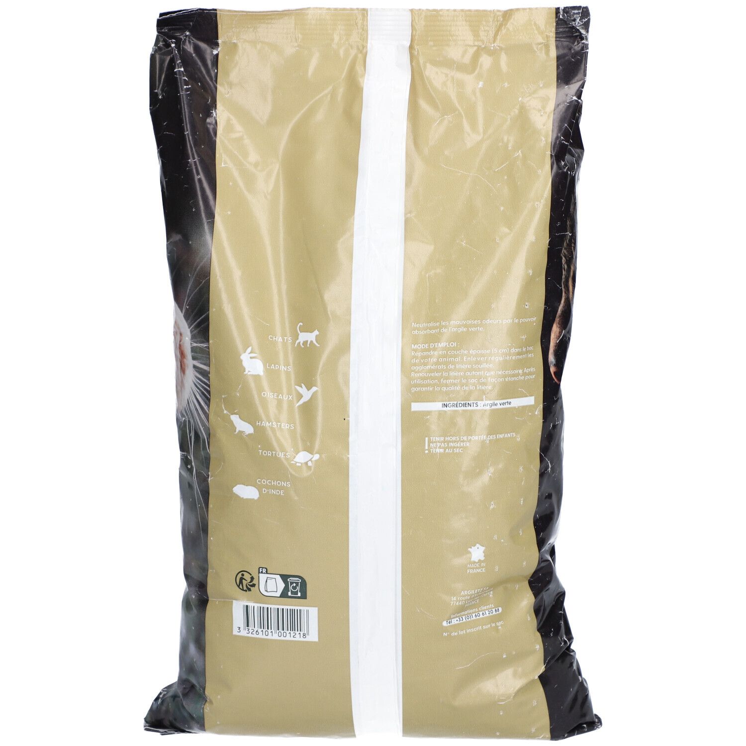 Dos du sac de litière minérale naturelle Argiletz à l'argile verte. Informations produit et code-barres.