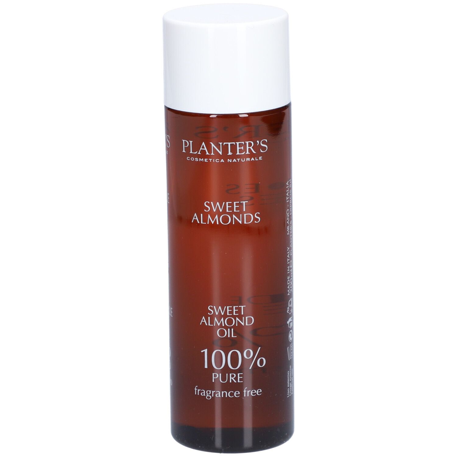 Bruine fles met witte dop. Opschrift: Planter's, Sweet Almond Oil, 100% Pure, fragrance free.
