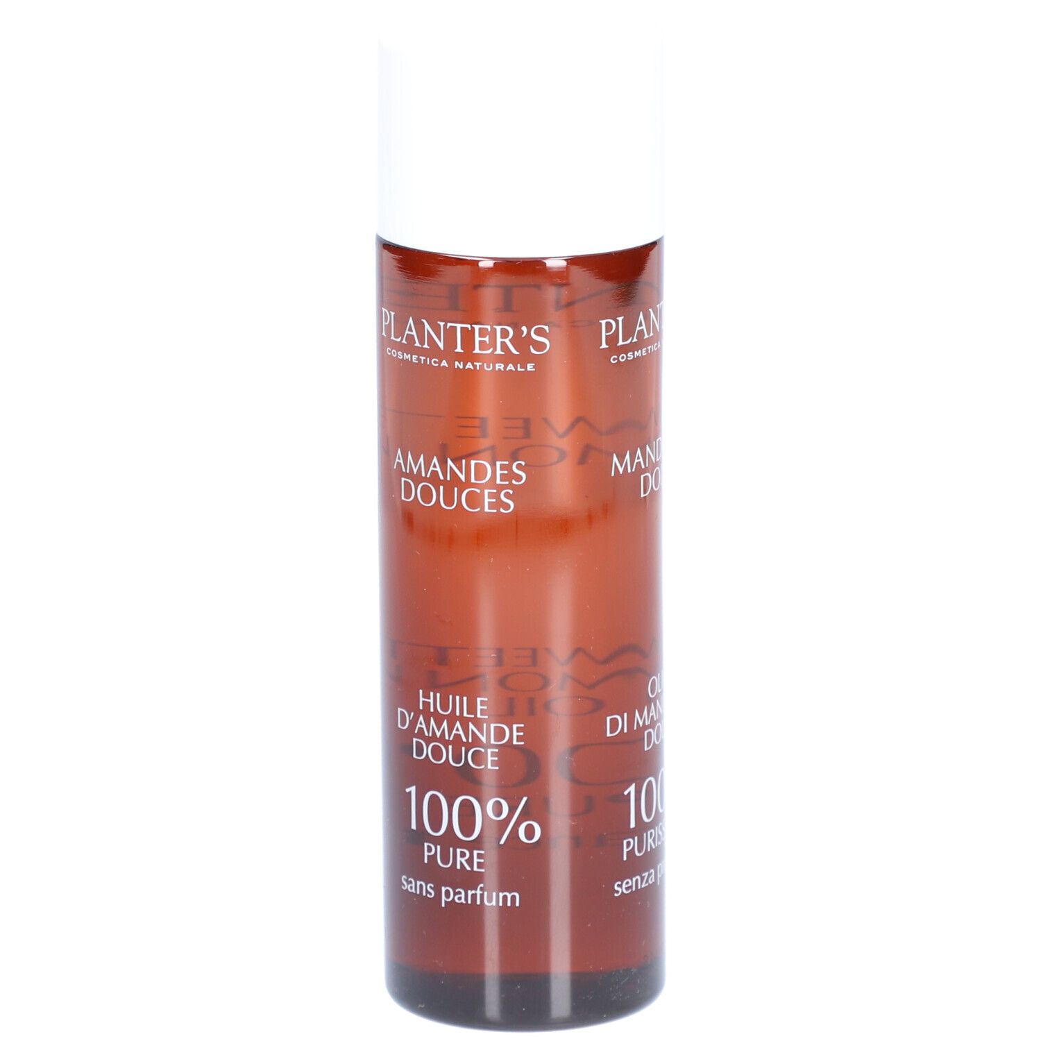 Bruine fles met witte dop. Opschrift: Planter's, Huile d'Amande Douce, 100% Pure, sans parfum.