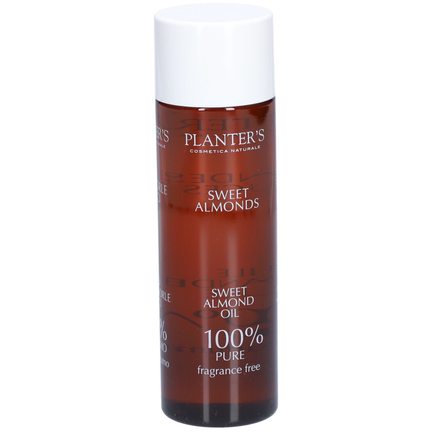 Bruine fles met witte dop. Opschrift: Planter's, Sweet Almonds, Sweet Almond Oil, 100% Pure, fragrance free.