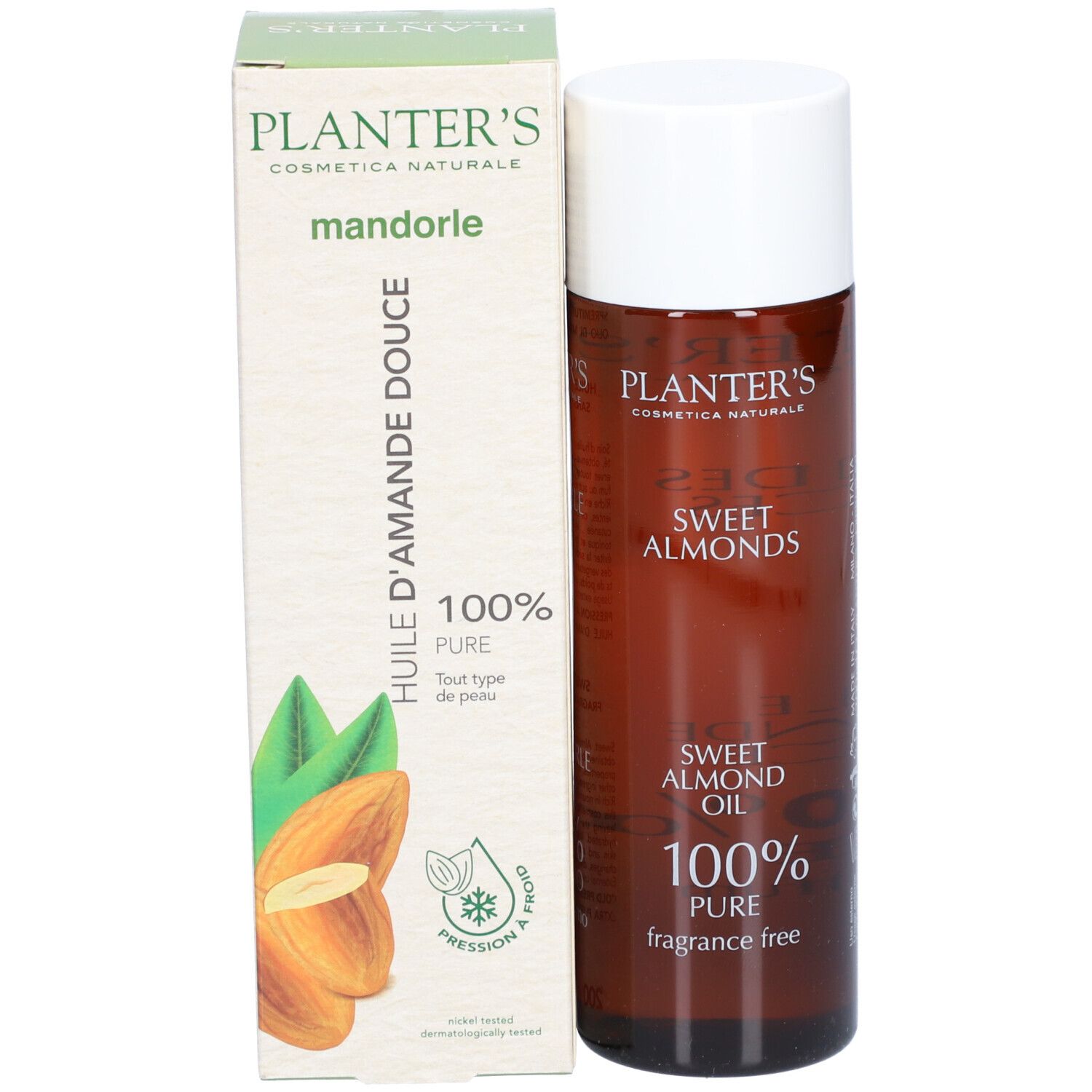 Fles en verpakking. Verpakking met opschrift: Planter's, Huile d'Amande Douce, 100% Pure. Fles: bruin, witte dop.