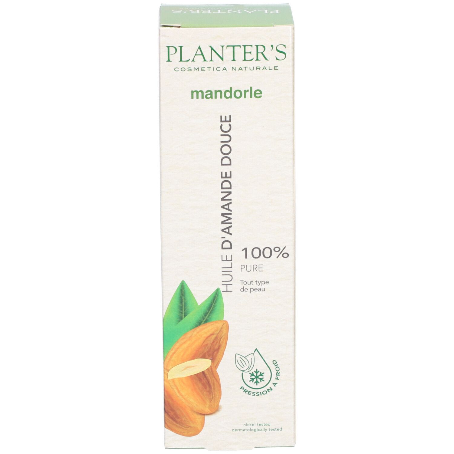 Verpakking met opschrift: Planter's, Huile d'Amande Douce, 100% Pure. Afbeelding van amandelen en bladeren.