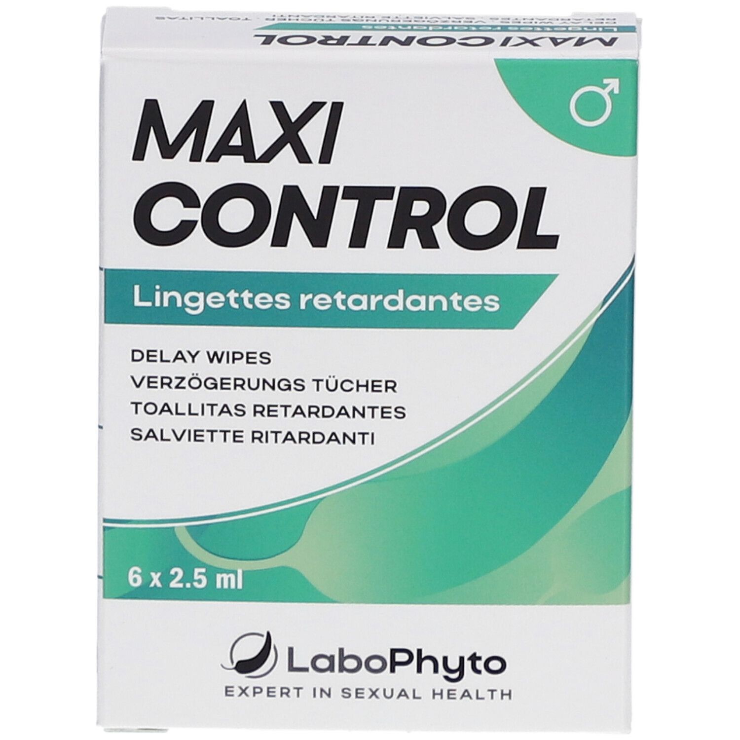 Boîte "MAXI CONTROL" avec texte multilingue. 6 x 2,5 ml. Logo LaboPhyto.