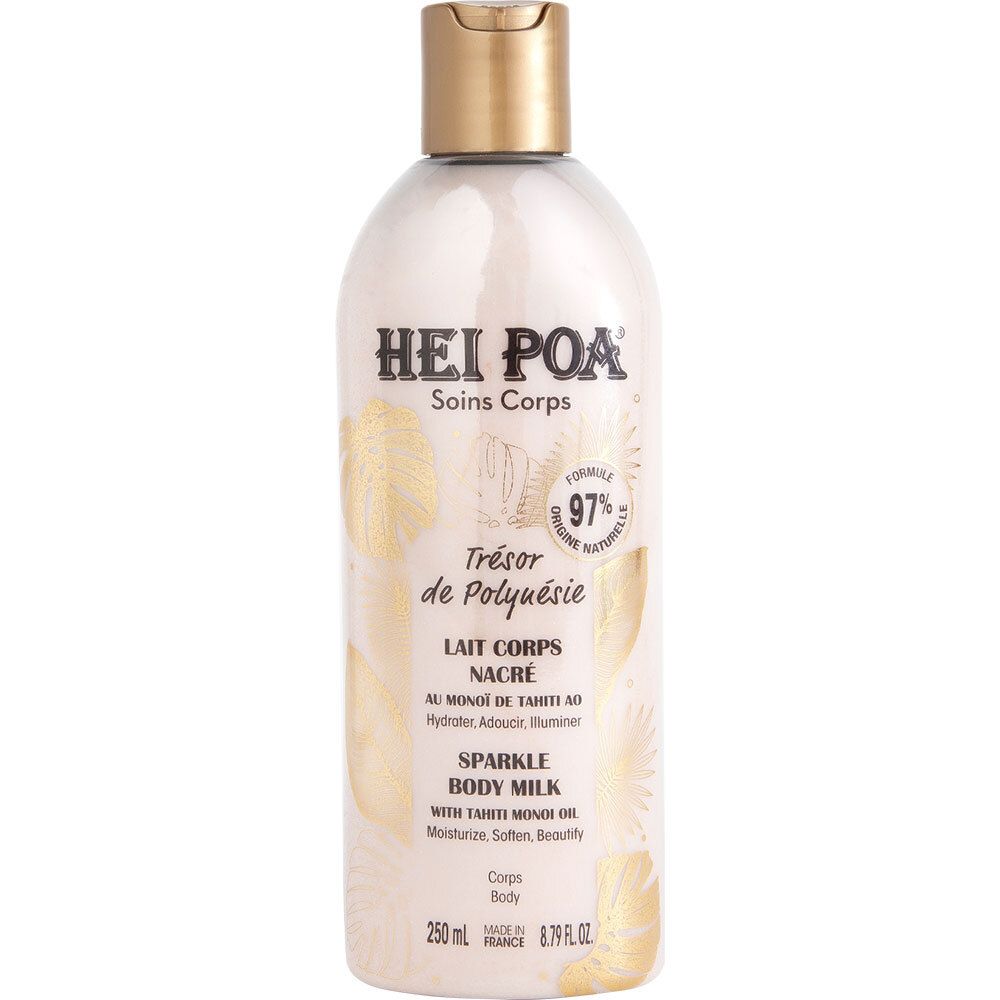 Fles met gouden dop. Opschrift: Hei Poa, Soins Corps, Trésor de Polynésie, Lait Nacré, Sparkle Body Milk. 97% natuurlijke formule.