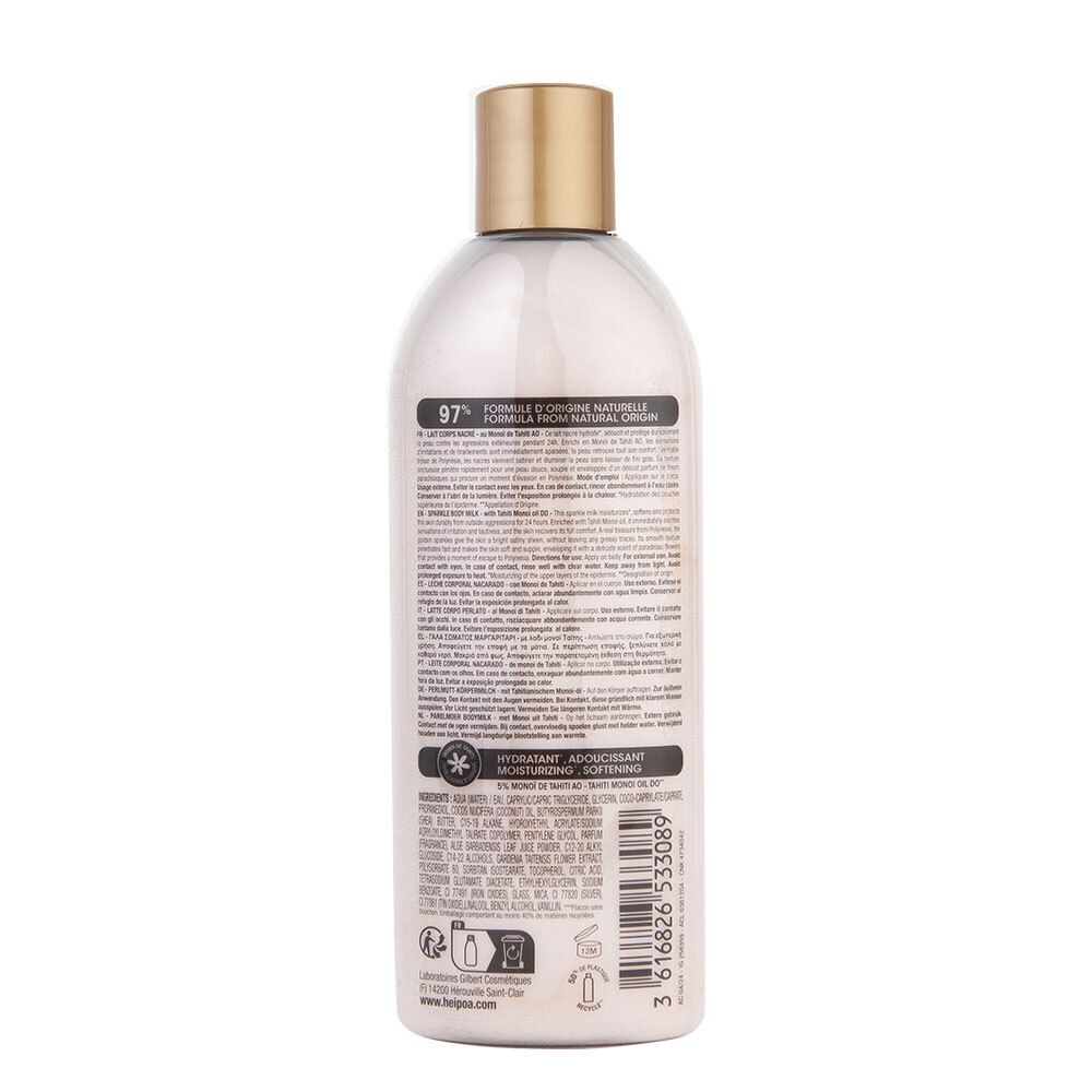 Achterkant van de fles. Meertalige tekst. Opschrift: 97% Formule d'origine naturelle. Logo met ster en bladeren.