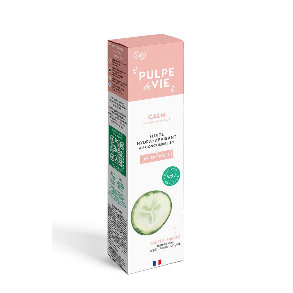 Emballage produit. Boîte rose et blanche avec logo et texte. Illustration d'une tranche de concombre. Certification bio.