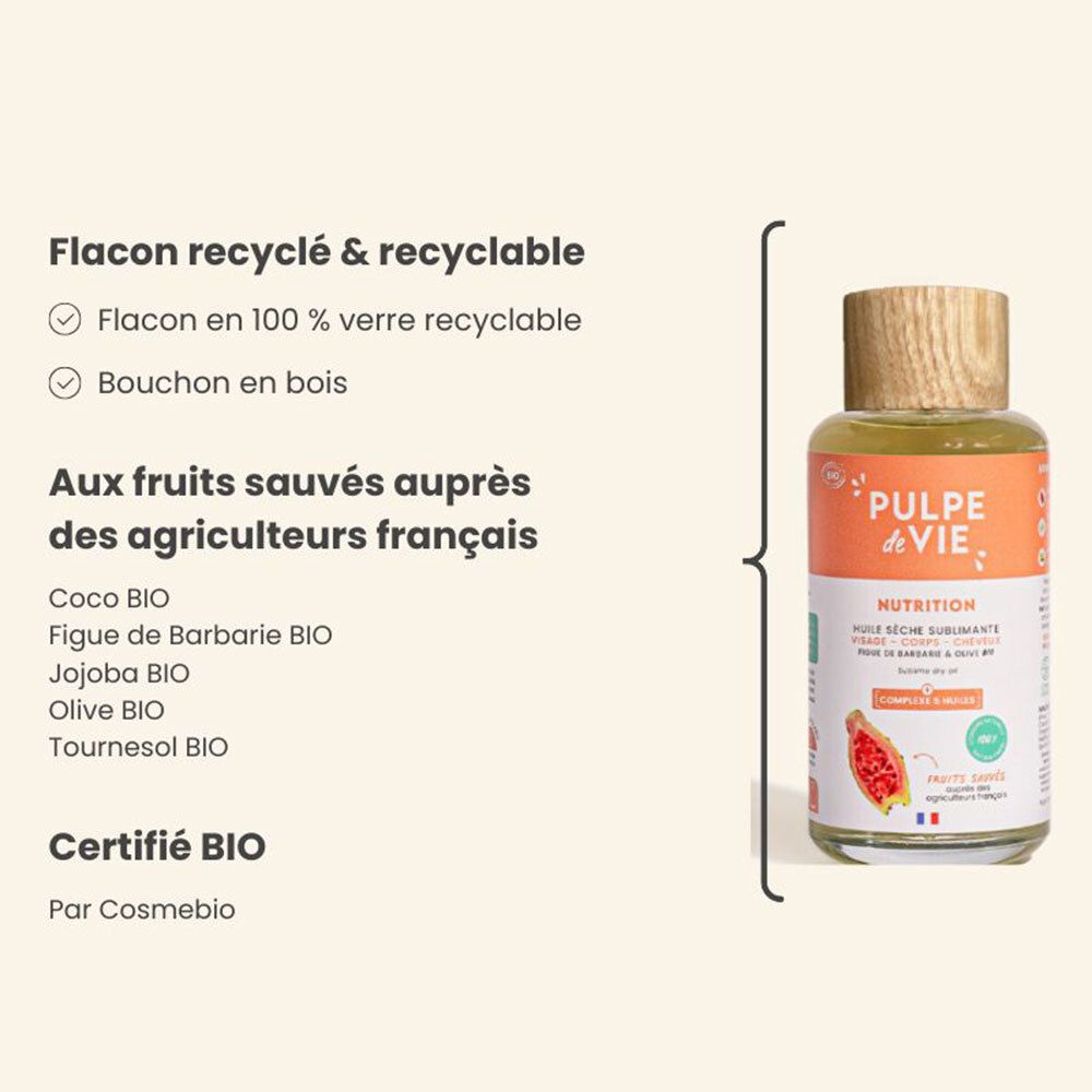 Flacon de produit avec bouchon en bois. Inscription: PULPE de VIE. Texte: Flacon recyclé, bouchon en bois. Ingrédients et certification bio.