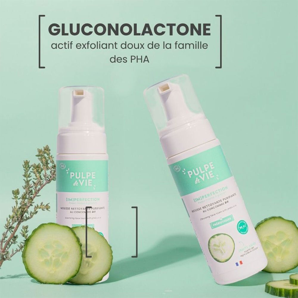 Deux flacons INIMPERFECTION. Texte: Gluconolacton, actif exfoliant doux. Tranches de concombre. Certification BIO.