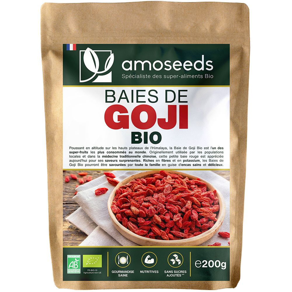 Zak AMOSEEDS Baies de Goji bio. Bruine verpakking met etiket. Rode gojibessen in kom. Tekst: Baies de Goji Bio, AB-keurmerk.