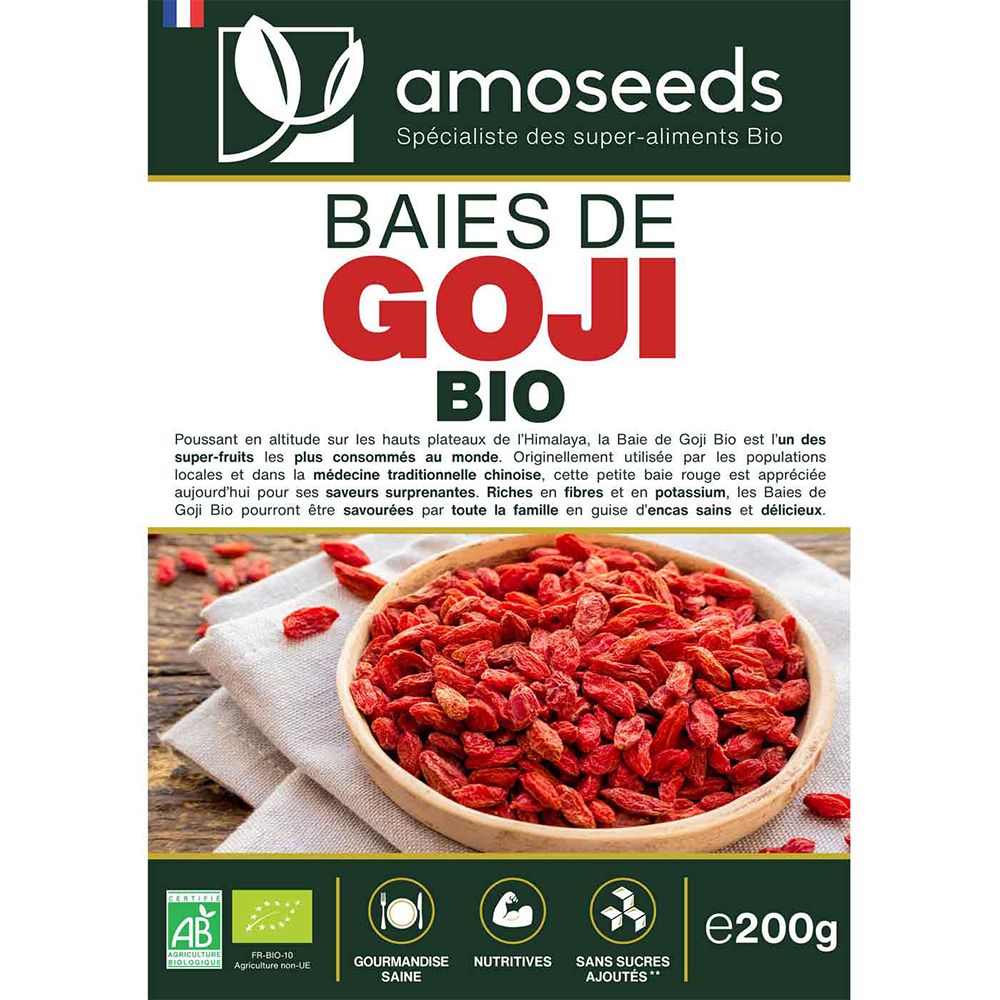 AMOSEEDS Baies de Goji bio verpakking. Bruine zak met etiket. Rode gojibessen in kom. Tekst: Baies de Goji Bio, AB-keurmerk.