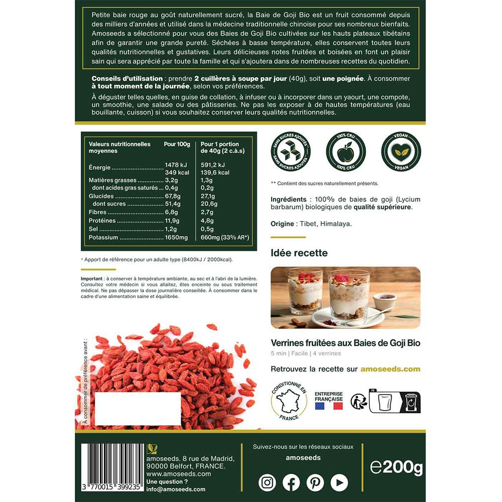 Achterkant van de AMOSEEDS Baies de Goji bio verpakking. Tekst met voedingswaarde, ingrediënten, herkomst en receptsuggestie. e200g.