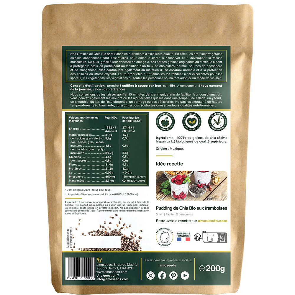 Achterkant van de papieren zak met voedingswaarde-informatie en receptsuggestie. Bevat informatie over ingrediënten en herkomst.