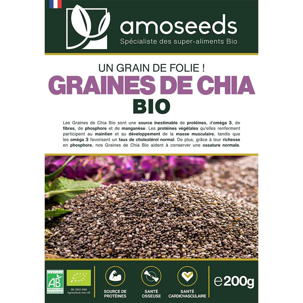 Bruine papieren zak met chiazaad. Opschrift: amoseeds, GRAINES DE CHIA BIO. Met AB-keurmerk en gezondheidslogo's.