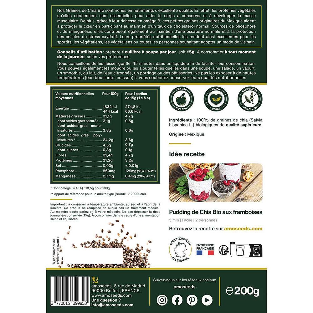Achterkant van de papieren zak met voedingswaarde-informatie en receptsuggestie. Bevat informatie over ingrediënten en herkomst.