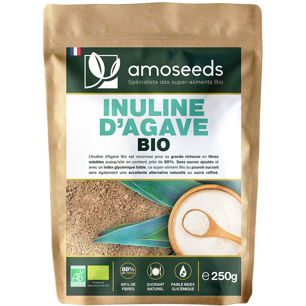 Sachet d'Inuline D'Agave Bio. Impression avec logo, nom du produit et certifications. Emballage marron avec impression verte.