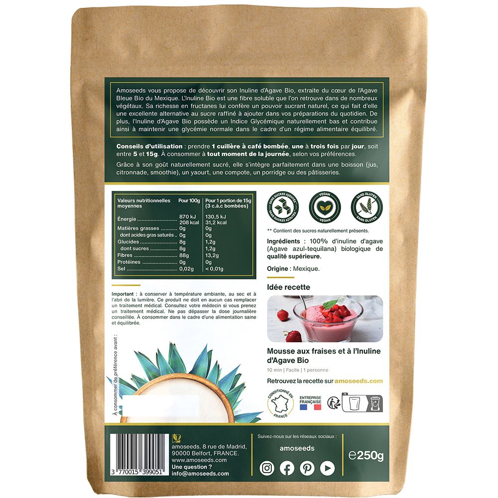 Dos du sachet d'Inuline D'Agave Bio. Texte avec informations nutritionnelles, ingrédients et suggestion de recette. Emballage marron.