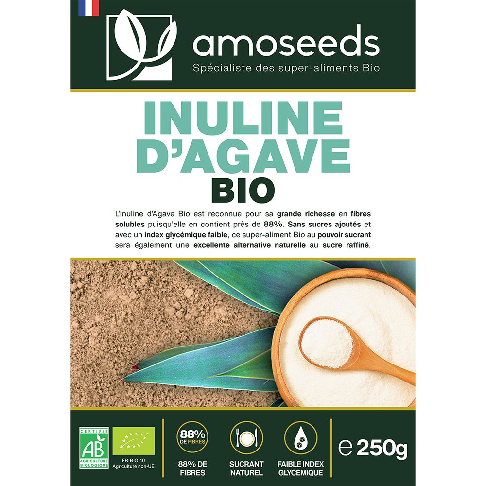 Face avant du sachet d'Inuline D'Agave Bio. Logo, nom du produit et certifications. Emballage marron avec impression verte.