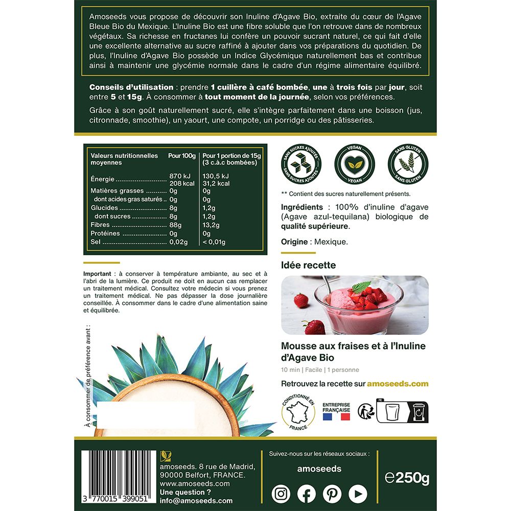 Dos du sachet d'Inuline D'Agave Bio. Texte avec informations nutritionnelles, ingrédients et suggestion de recette. Emballage marron.