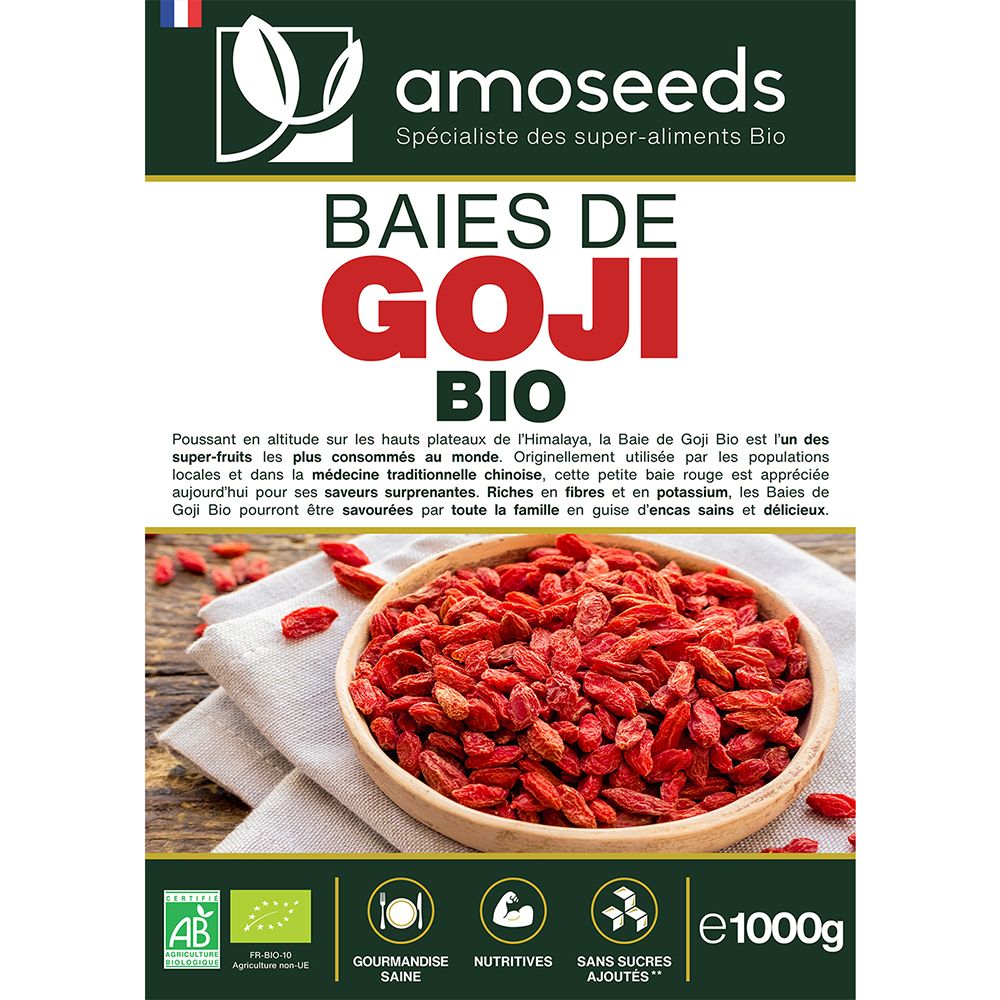 Voorkant van de verpakking amoseeds BAIES DE GOJI BIO. Bruine zak met productinformatie en goji-bessen.