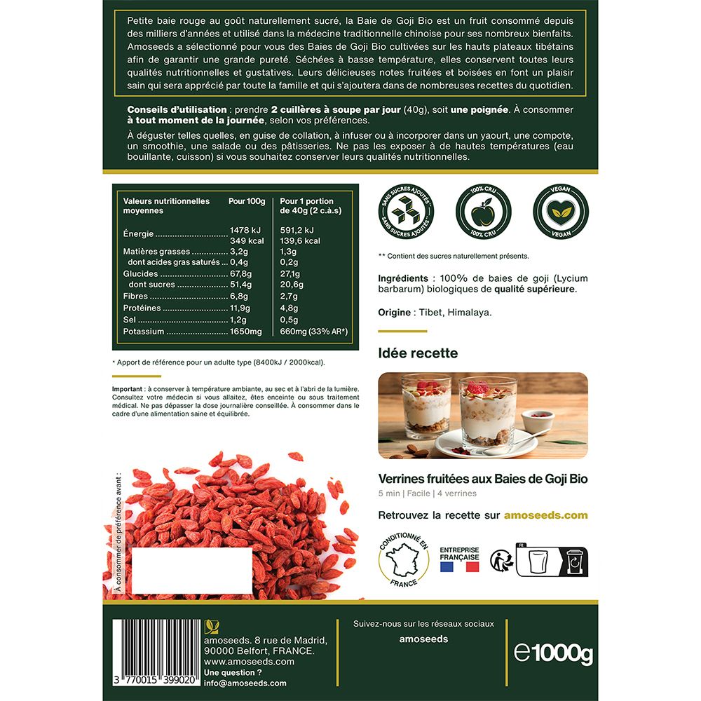 Achterkant van de verpakking amoseeds BAIES DE GOJI BIO. Bevat voedingswaarde, ingrediënten en receptidee.