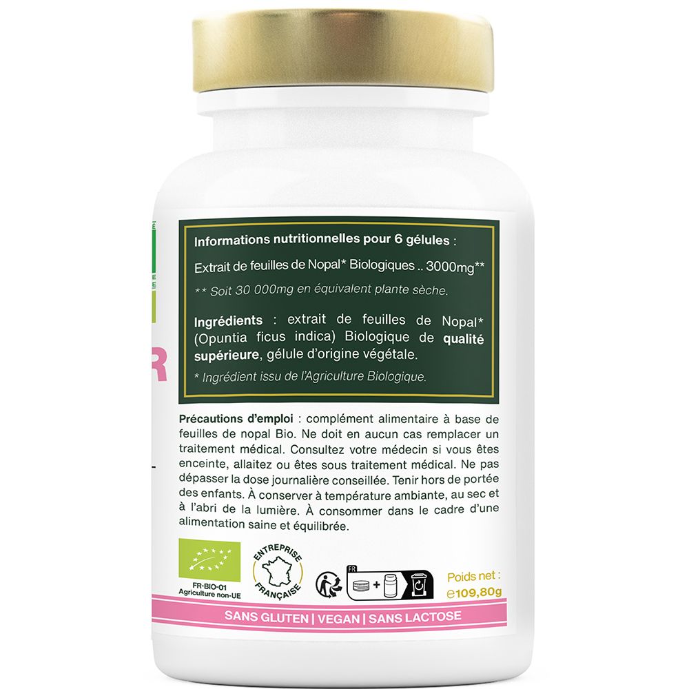 Achterkant fles. Voedingswaarde, ingrediëntenlijst en voorzorgsmaatregelen.