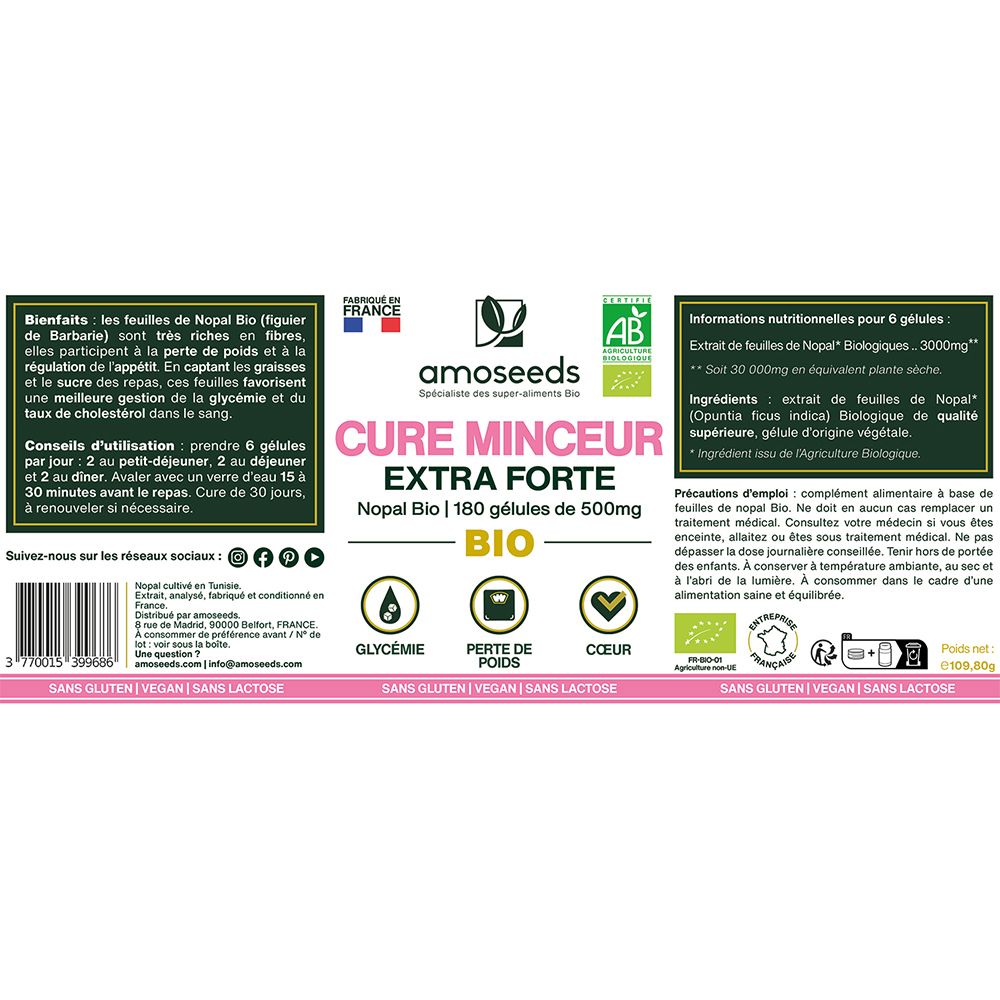 Label met productinfo: CURE MINCEUR EXTRA FORTE. Bio-certificering, iconen.