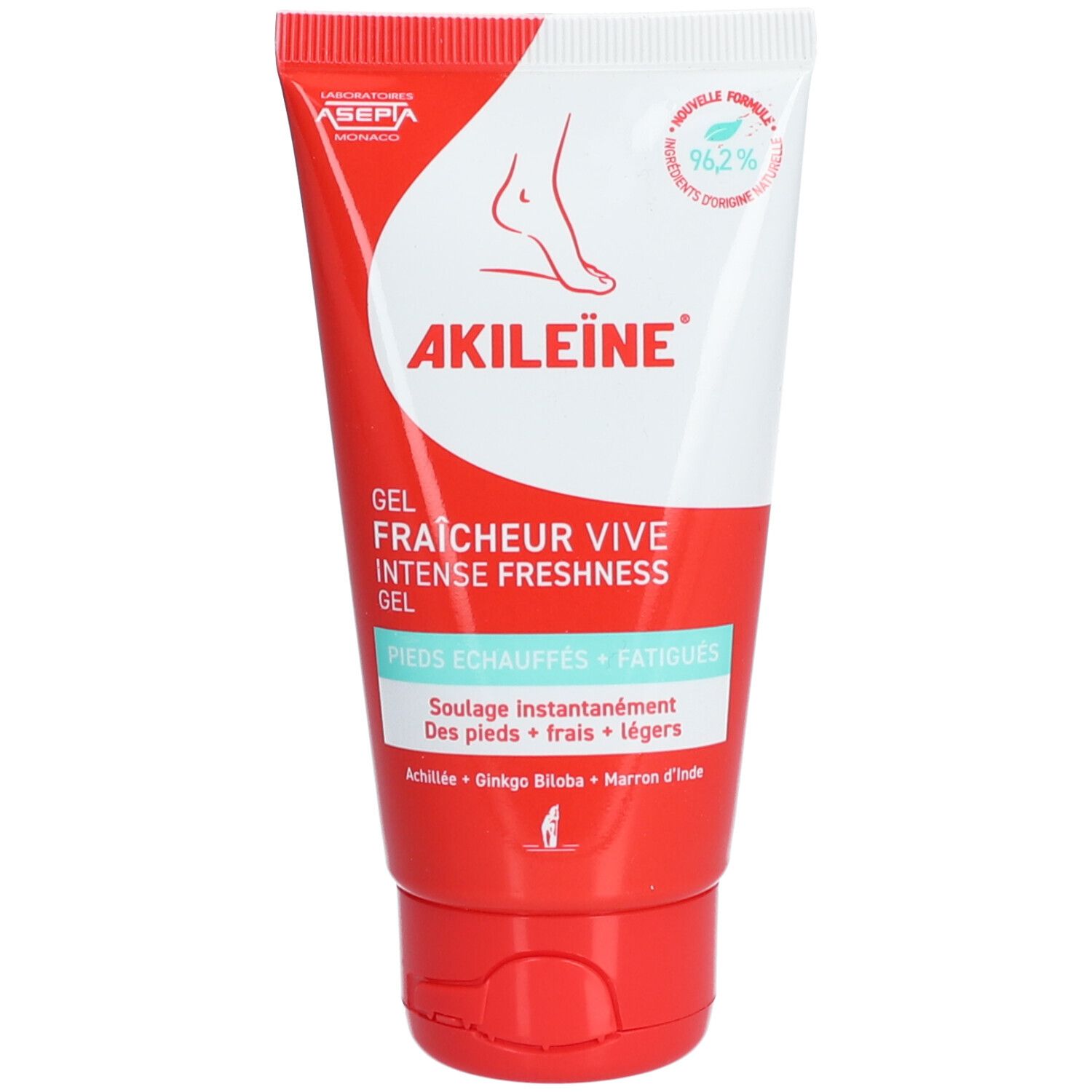 Rode en witte tube met productnaam en tekst. Voetillustratie. "Gel Fraîcheur Vive". 