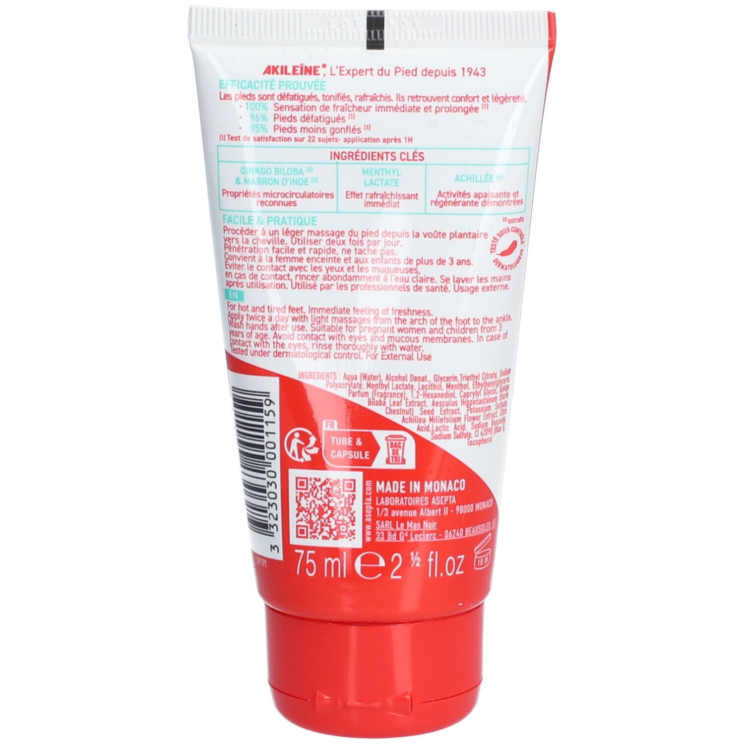 Achterkant van de tube. Tekst en ingrediënten. Rood en wit. 75 ml.