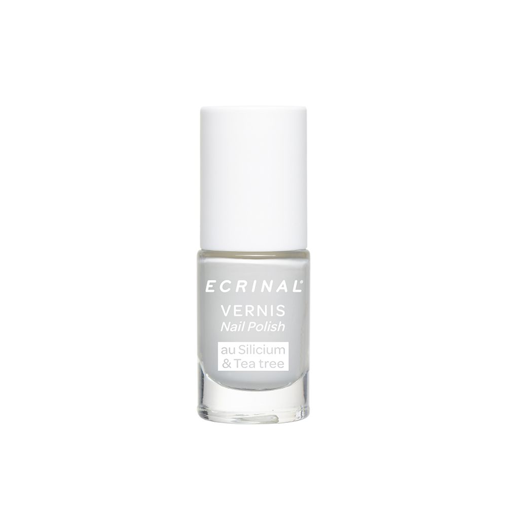 Nagellakflesje met witte dop. Opschrift: ECRINAL, Vernis, au Silicium & Tea tree.
